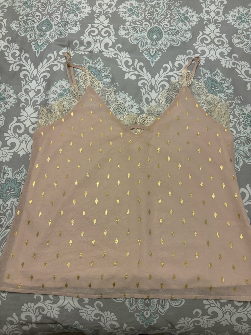 Women’s Lace Trim Pink Cami with Gold Foil Accents